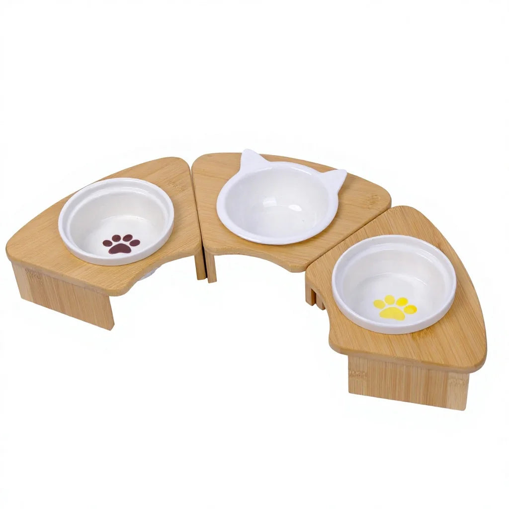 Modular 3-in-1 Bamboo Pet Bowls Set Corner Elevated Feeder Stand Removable Ceramic Dishes for Cats and Small Dogs