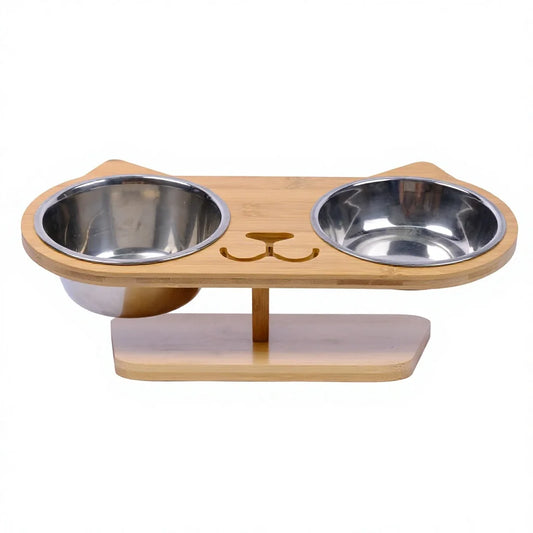 Factory Cat Shaped Elevated Pet Bowl Set Bamboo Raised Double Feeding Station Tilted Food and Water Bowls for Indoor Cats
