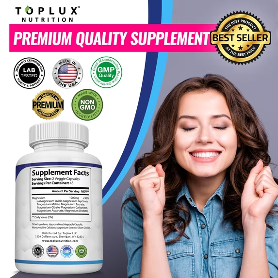 Toplux Magnesium Complex 8 Elemental Magnesium Supplement 1000mg Glycinate, Citrate, Malate, Taurate