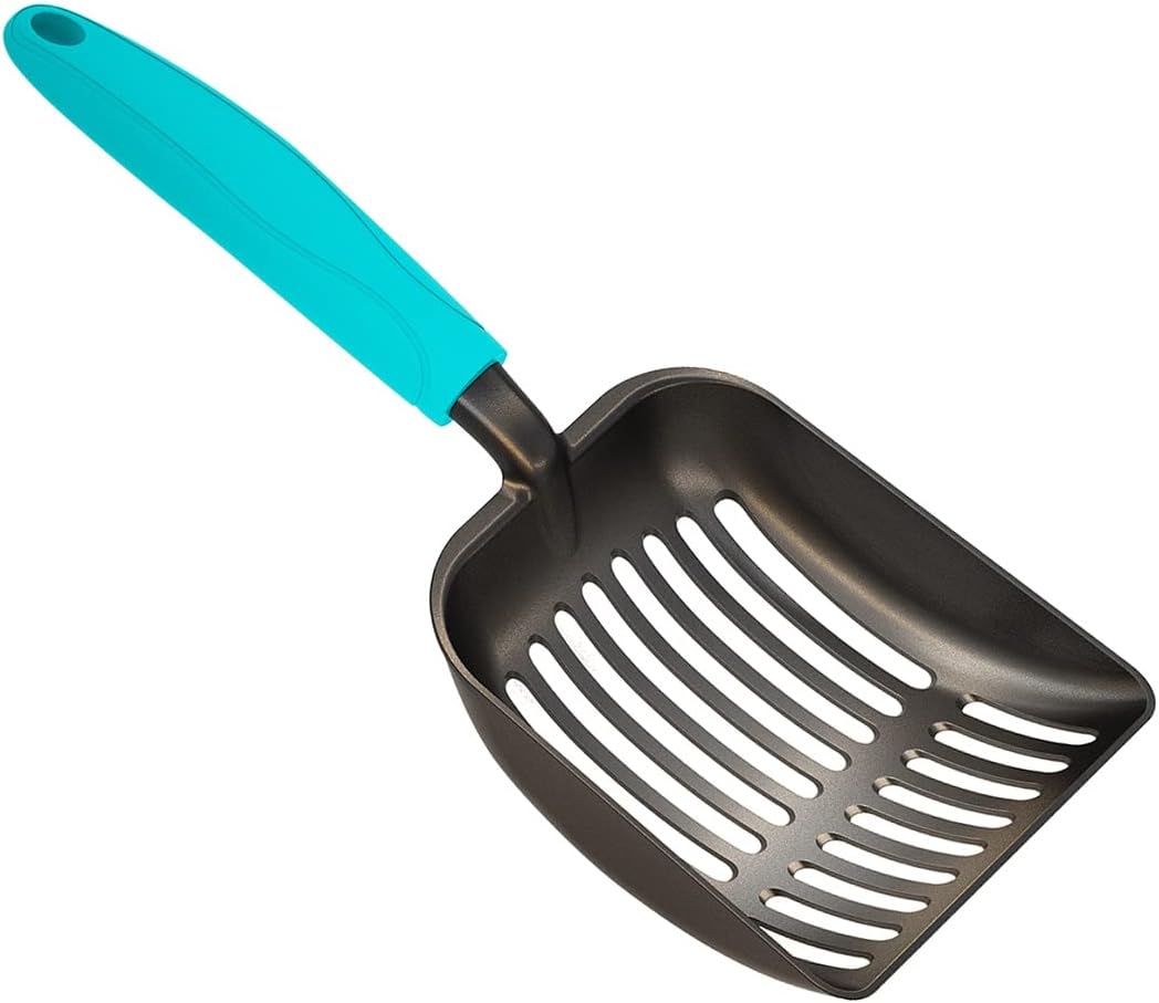 WePet Cat Litter Scoop, Non-Stick Plated Aluminum Alloy Sifter, Kitty Durable Metal Scooper, Deep Shovel, Long Handle, Kitten Pooper Lifter, Size Large, Coated Black Body with Black Handle