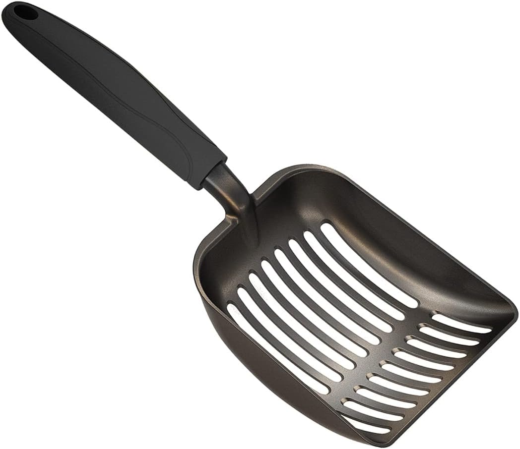 WePet Cat Litter Scoop, Non-Stick Plated Aluminum Alloy Sifter, Kitty Durable Metal Scooper, Deep Shovel, Long Handle, Kitten Pooper Lifter, Size Large, Coated Black Body with Black Handle