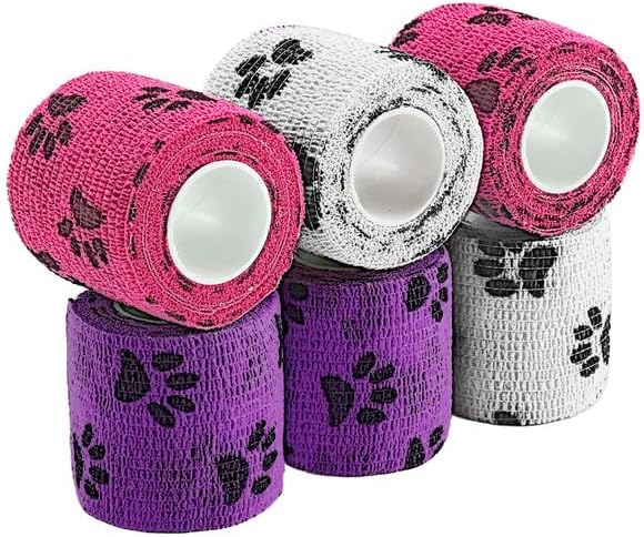 WePet Pet Wrap, Self-Adhesive, Only Sticks to Itself, Non-Woven Tape for Dog Legs, Paws, Wounds, First Aid Cohesive Gauze for Horse, Cat, Bird, Animal, 6 Rolls, 2 Inch, Pawprints A