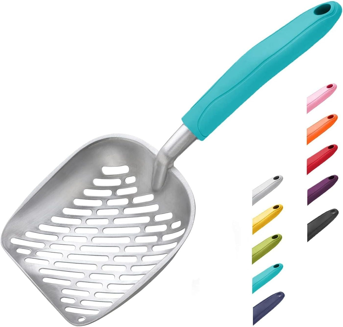 WePet Cat Litter Scoop, Aluminum Alloy Sifter, Kitty Metal Scooper, Deep Shovel with Diagonal Sifting Hole, Long Handle, Kitten Poop Lifter for Litter Box, Medium Size, Blue Handle