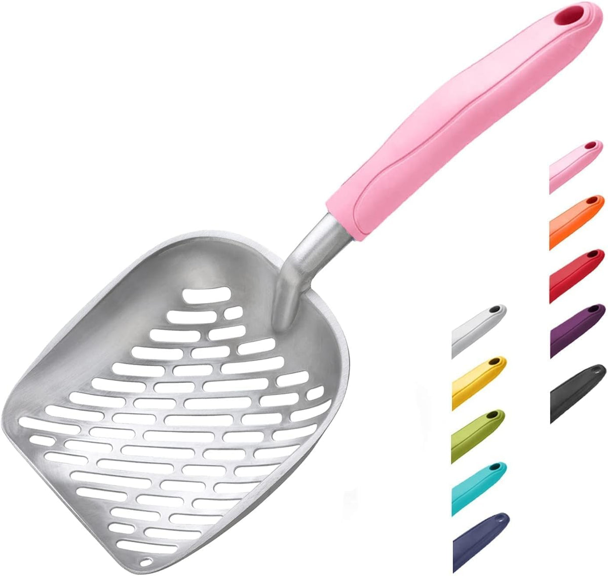 WePet Cat Litter Scoop, Aluminum Alloy Sifter, Kitty Metal Scooper, Deep Shovel with Diagonal Sifting Hole, Long Handle, Kitten Poop Lifter for Litter Box, Medium Size, Blue Handle