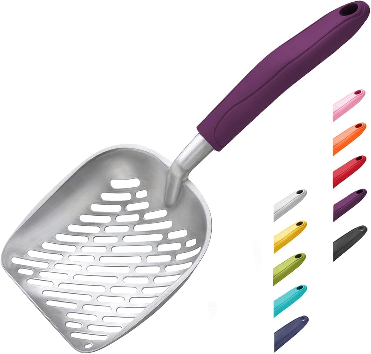 WePet Cat Litter Scoop, Aluminum Alloy Sifter, Kitty Metal Scooper, Deep Shovel with Diagonal Sifting Hole, Long Handle, Kitten Poop Lifter for Litter Box, Medium Size, Blue Handle