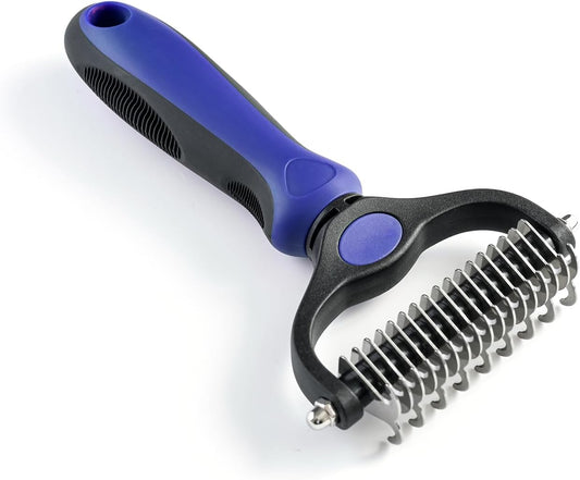 WePet Grooming Rake for Dogs & Cats, Double-Sided Deshedding Brush, Extra-Wide Dematting Tool, Slicker Comb for Undercoat & Loose Hair Removal, Reduces Shedding by 95%, Blue, Small