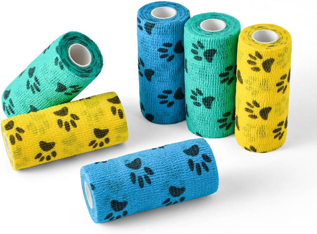 WePet Pet Wrap, Self-Adhesive, Only Sticks to Itself, Non-Woven Tape for Dog Legs, Paws, Wounds, First Aid Cohesive Gauze for Horse, Cat, Bird, Animal, 6 Rolls, 2 Inch, Pawprints A