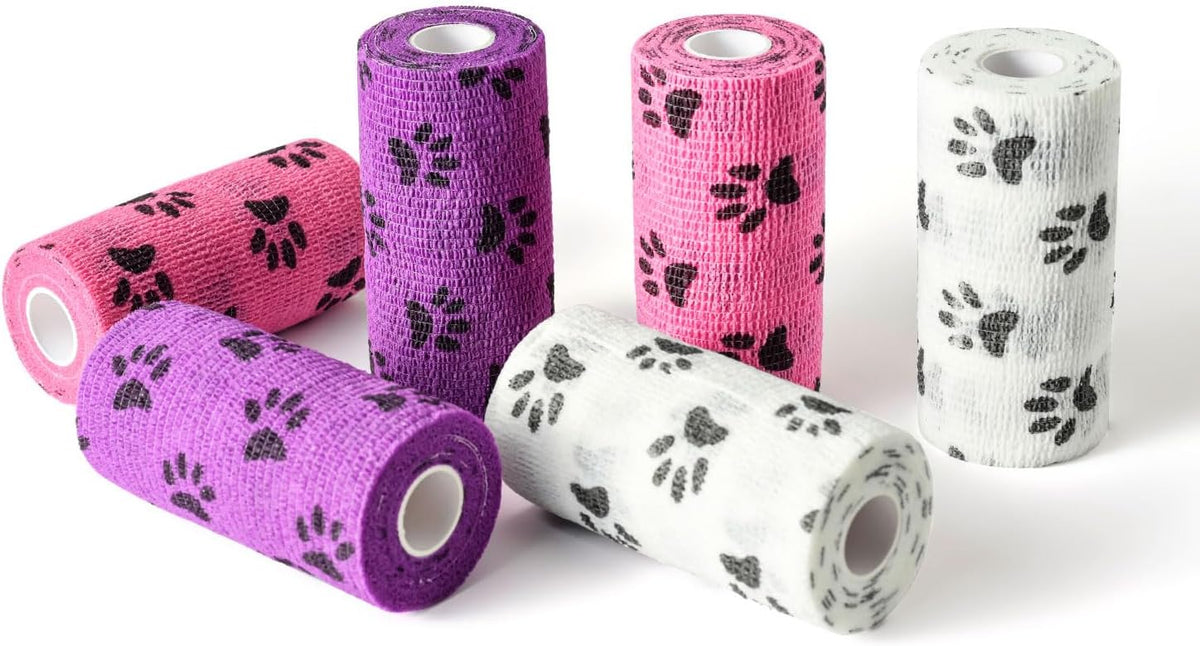 WePet Pet Wrap, Self-Adhesive, Only Sticks to Itself, Non-Woven Tape for Dog Legs, Paws, Wounds, First Aid Cohesive Gauze for Horse, Cat, Bird, Animal, 6 Rolls, 2 Inch, Pawprints A