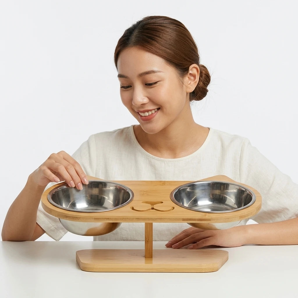Factory Cat Shaped Elevated Pet Bowl Set Bamboo Raised Double Feeding Station Tilted Food and Water Bowls for Indoor Cats