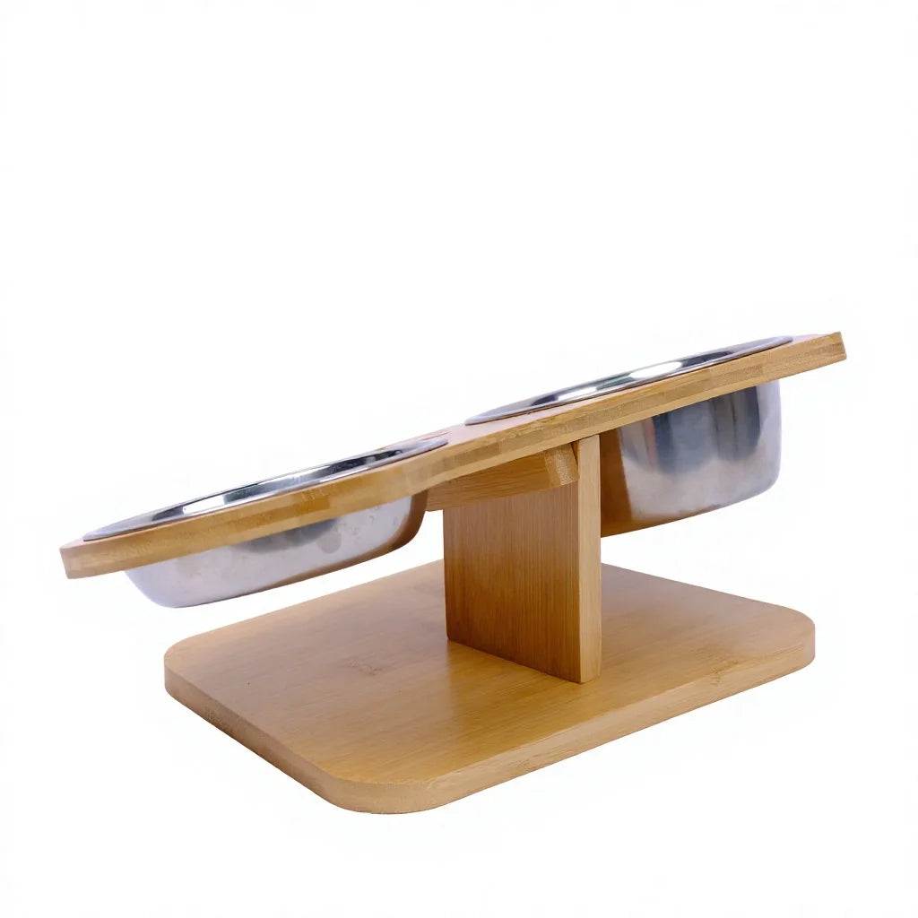 Factory Cat Shaped Elevated Pet Bowl Set Bamboo Raised Double Feeding Station Tilted Food and Water Bowls for Indoor Cats