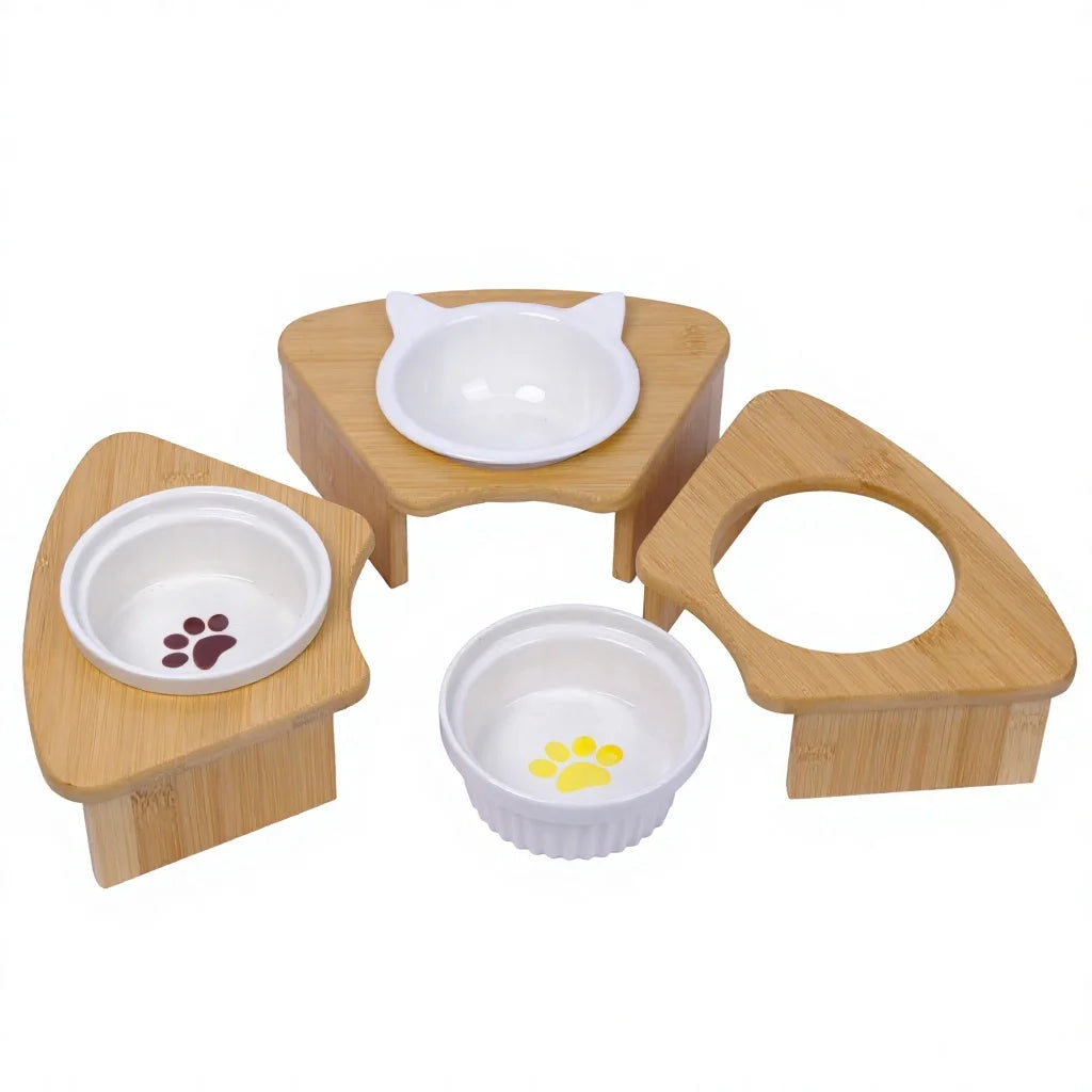 Modular 3-in-1 Bamboo Pet Bowls Set Corner Elevated Feeder Stand Removable Ceramic Dishes for Cats and Small Dogs