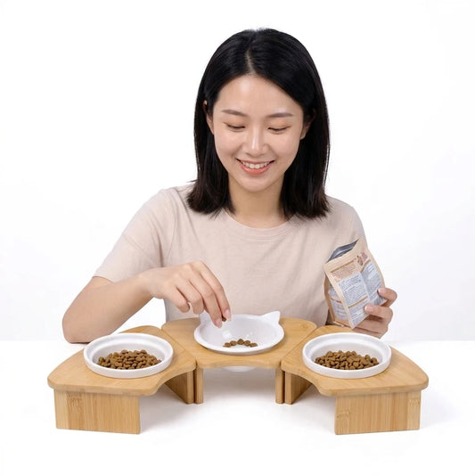 Modular 3-in-1 Bamboo Pet Bowls Set Corner Elevated Feeder Stand Removable Ceramic Dishes for Cats and Small Dogs