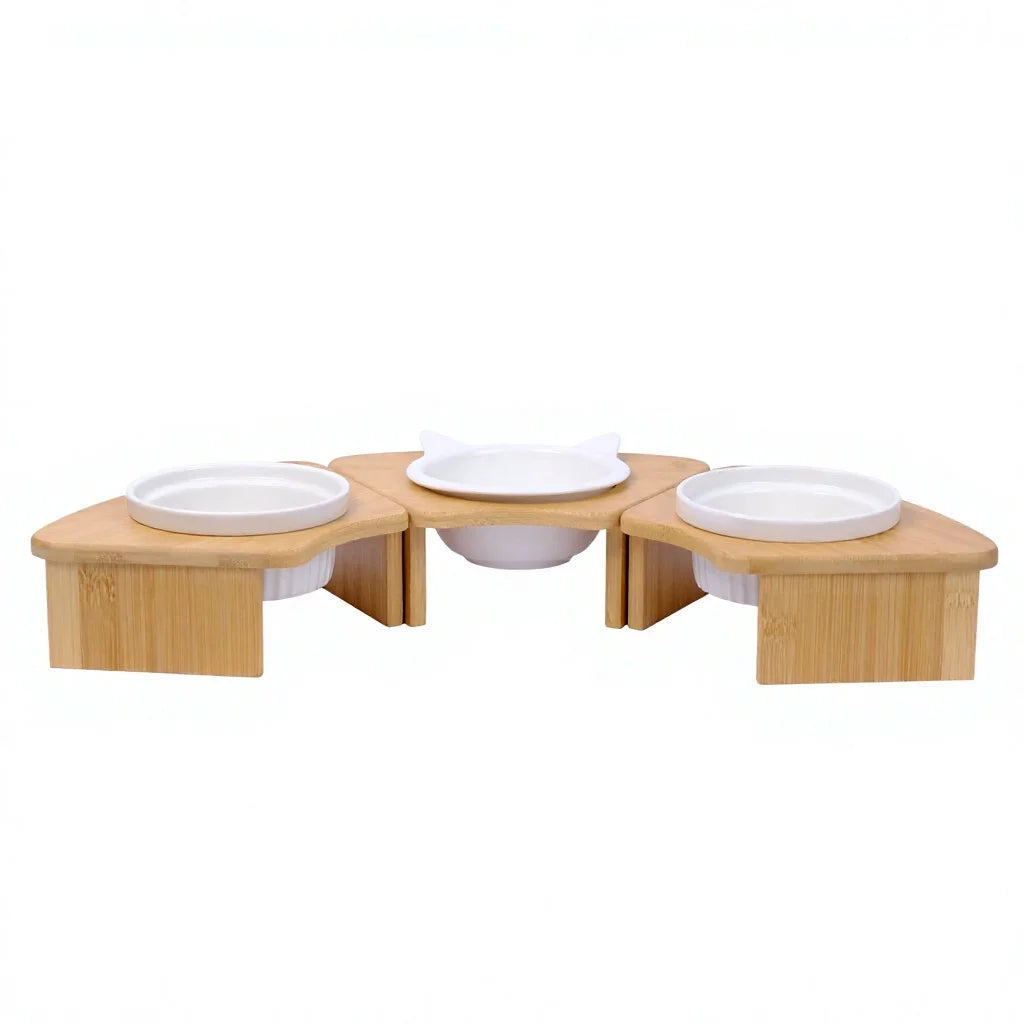 Modular 3-in-1 Bamboo Pet Bowls Set Corner Elevated Feeder Stand Removable Ceramic Dishes for Cats and Small Dogs