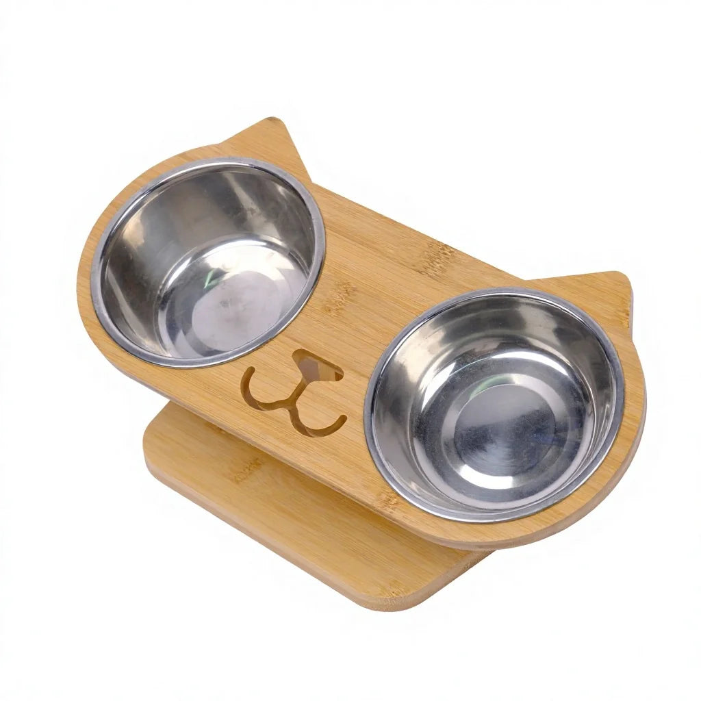 Factory Cat Shaped Elevated Pet Bowl Set Bamboo Raised Double Feeding Station Tilted Food and Water Bowls for Indoor Cats