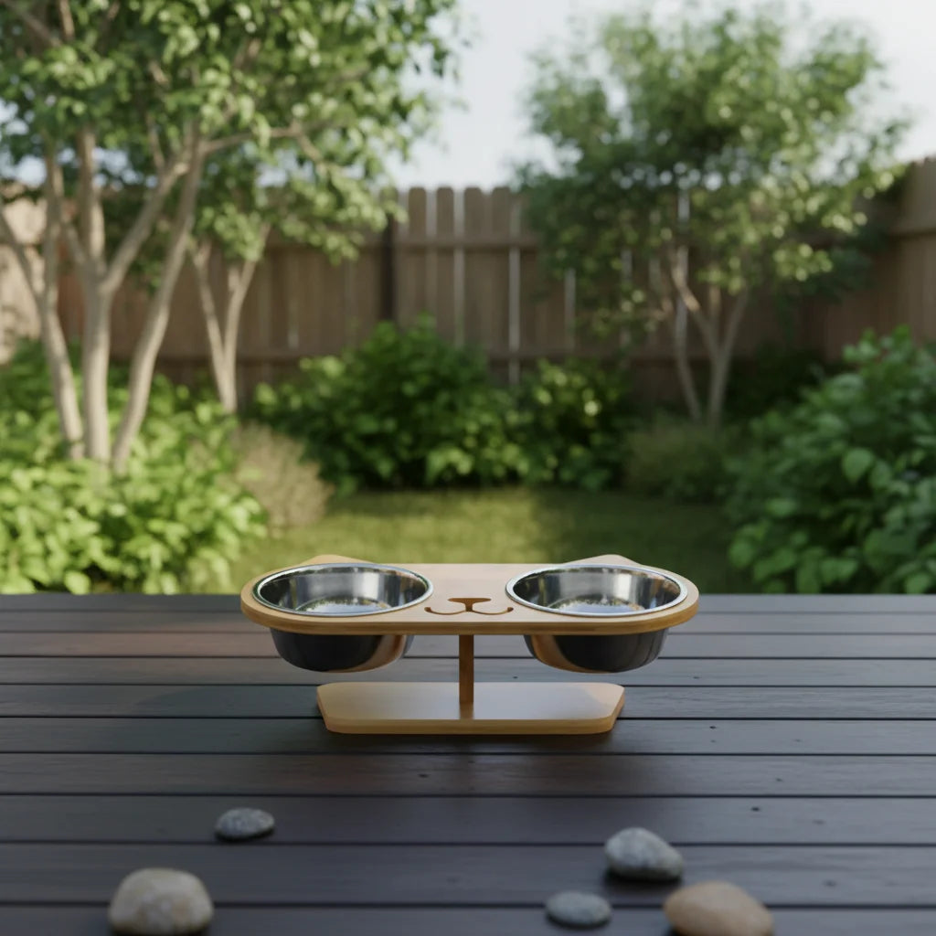 Factory Cat Shaped Elevated Pet Bowl Set Bamboo Raised Double Feeding Station Tilted Food and Water Bowls for Indoor Cats