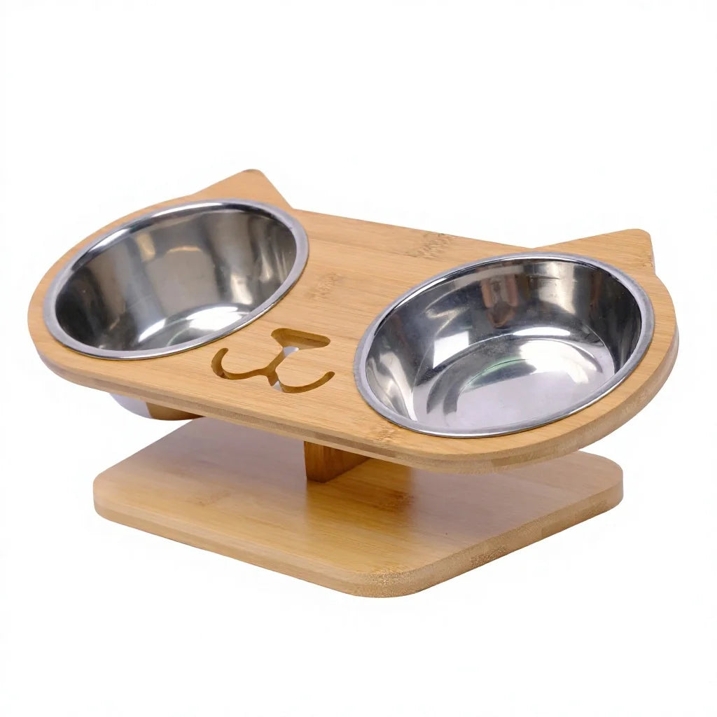 Factory Cat Shaped Elevated Pet Bowl Set Bamboo Raised Double Feeding Station Tilted Food and Water Bowls for Indoor Cats