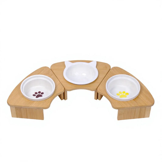 Modular 3-in-1 Bamboo Pet Bowls Set Corner Elevated Feeder Stand Removable Ceramic Dishes for Cats and Small Dogs